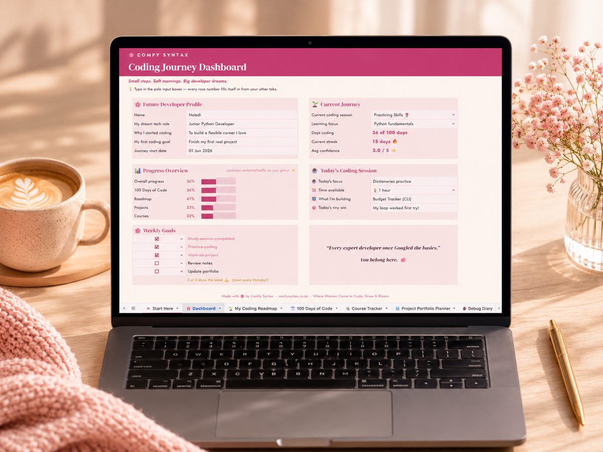 Coding Journey Dashboard — coding planner spreadsheet on a laptop, Google Sheets and Excel