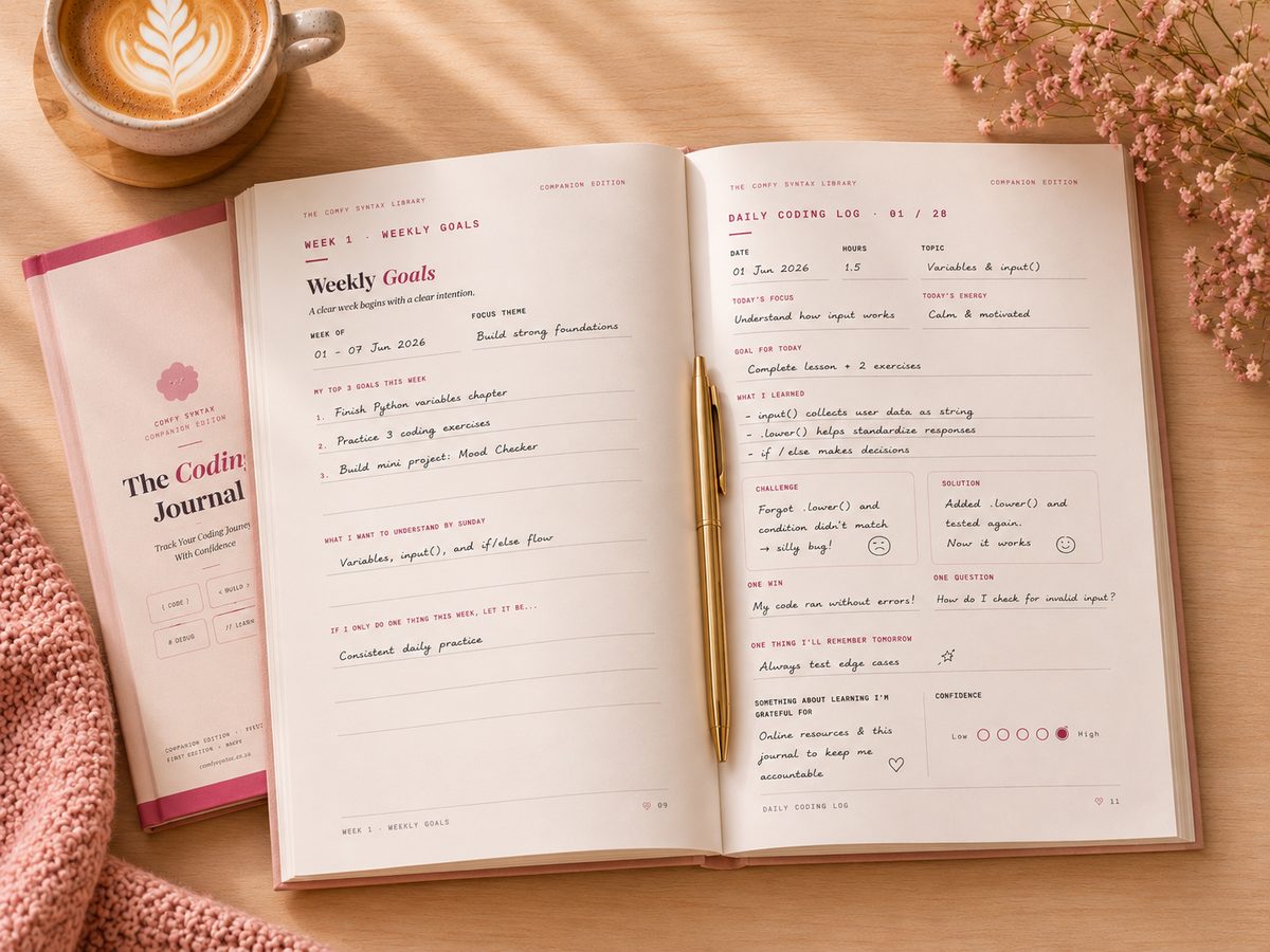 Coding Journal planner mockup — weekly planning and reflection pages for coders